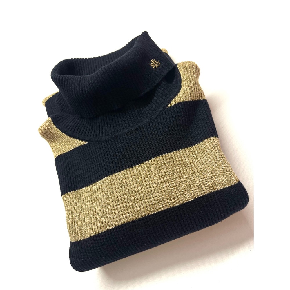 Lauren Ralph Lauren Metallic Gold Black Striped Turtleneck Sweater XL 0300
